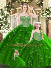 Unique Sweetheart Sleeveless Ball Gown Prom Dress Floor Length Beading and Ruffles Green Tulle