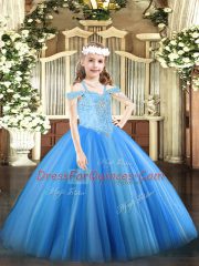 Off The Shoulder Sleeveless Little Girl Pageant Dress Floor Length Beading Baby Blue Tulle