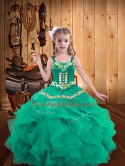 Floor Length Turquoise Little Girls Pageant Dress Organza Sleeveless Embroidery and Ruffles