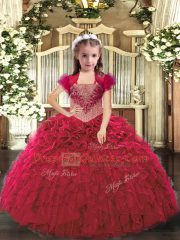 Red Sleeveless Organza Lace Up Child Pageant Dress for Party and Sweet 16 and Quinceanera and Wedding Party