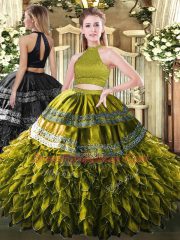 Olive Green Ball Gowns Beading and Embroidery and Ruffles 15 Quinceanera Dress Backless Satin and Organza Sleeveless Floor Length