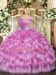 Custom Fit Lilac Organza Zipper V-neck Sleeveless Floor Length 15 Quinceanera Dress Ruffled Layers