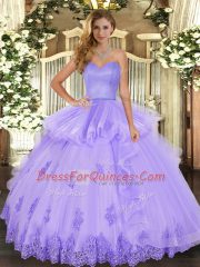 Lavender Ball Gowns Sweetheart Sleeveless Tulle Floor Length Lace Up Beading and Appliques and Ruffles Sweet 16 Quinceanera Dress