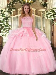 Pink Ball Gowns Scoop Sleeveless Organza Floor Length Clasp Handle Lace Quinceanera Dress