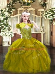 Graceful Floor Length Olive Green Pageant Dress Womens Tulle Sleeveless Beading and Ruffles