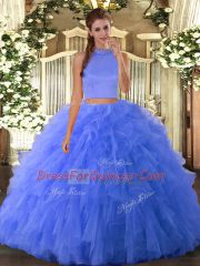 Blue Tulle Backless Ball Gown Prom Dress Sleeveless Floor Length Beading and Ruffles