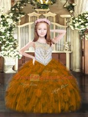 Floor Length Brown Little Girl Pageant Dress Scoop Sleeveless Zipper