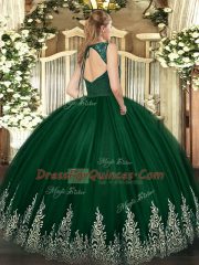 Dark Green Sleeveless Floor Length Beading and Lace and Appliques Backless Sweet 16 Quinceanera Dress