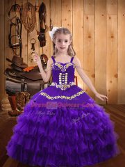 Straps Sleeveless Organza Pageant Gowns For Girls Beading and Embroidery and Ruffled Layers Lace Up