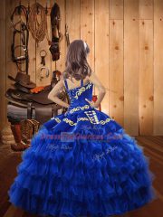 Straps Sleeveless Organza Pageant Gowns For Girls Beading and Embroidery and Ruffled Layers Lace Up