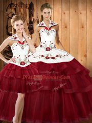 Amazing Wine Red Three Pieces Satin and Organza Halter Top Sleeveless Embroidery and Ruffled Layers With Train Lace Up Quince Ball Gowns Sweep Train