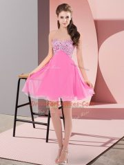 Sleeveless Chiffon Mini Length Lace Up Prom Party Dress in Rose Pink with Beading