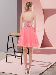 Sleeveless Chiffon Mini Length Lace Up Prom Party Dress in Rose Pink with Beading