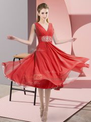 Sleeveless Knee Length Beading Side Zipper Dama Dress for Quinceanera with Coral Red