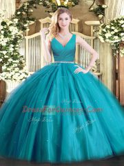 Teal Zipper Quince Ball Gowns Beading Sleeveless Floor Length