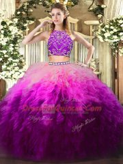 Multi-color Tulle Zipper High-neck Sleeveless Floor Length 15th Birthday Dress Beading and Ruffles