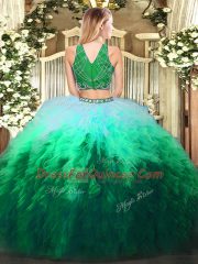 Multi-color Tulle Zipper High-neck Sleeveless Floor Length 15th Birthday Dress Beading and Ruffles