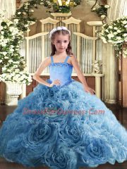 Hot Selling Fabric With Rolling Flowers Straps Sleeveless Lace Up Appliques Kids Formal Wear in Baby Blue