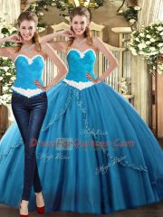 Shining Ball Gowns 15th Birthday Dress Teal Sweetheart Tulle Sleeveless Floor Length Lace Up