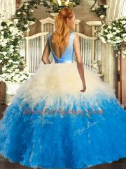 Comfortable Multi-color Ball Gowns Organza Scoop Sleeveless Lace and Ruffles Floor Length Backless Quince Ball Gowns