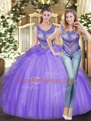 Pretty Lavender Ball Gowns Scoop Sleeveless Tulle Floor Length Lace Up Beading and Ruffles Sweet 16 Dresses