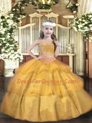 Floor Length Gold Girls Pageant Dresses Straps Sleeveless Lace Up