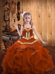 High Quality Rust Red Lace Up Straps Embroidery and Ruffles Child Pageant Dress Organza Sleeveless