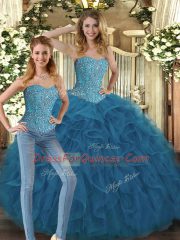 Sweetheart Sleeveless Quinceanera Gown Floor Length Beading and Ruffles Teal Tulle