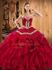 Affordable Sleeveless Floor Length Embroidery and Ruffles Lace Up Vestidos de Quinceanera with Wine Red