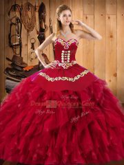 Affordable Sleeveless Floor Length Embroidery and Ruffles Lace Up Vestidos de Quinceanera with Wine Red