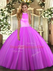 Rose Pink and Lilac Tulle Backless Halter Top Sleeveless Floor Length Ball Gown Prom Dress Beading