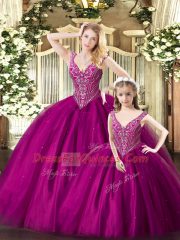 Fuchsia Straps Lace Up Beading Sweet 16 Quinceanera Dress Sleeveless