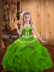 Green Ball Gowns Organza Straps Sleeveless Beading and Embroidery and Ruffles Floor Length Lace Up Little Girls Pageant Gowns