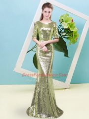 Elegant Yellow Green Zipper Prom Party Dress Sequins Half Sleeves Floor Length