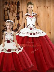 Exquisite Wine Red Halter Top Lace Up Embroidery Quinceanera Gowns Sleeveless