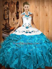 Flirting Baby Blue Lace Up 15 Quinceanera Dress Embroidery and Ruffles Sleeveless Floor Length