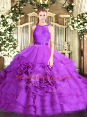 Eggplant Purple Scoop Neckline Lace Quinceanera Dress Sleeveless Lace Up