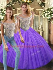 Eggplant Purple Two Pieces Tulle Bateau Sleeveless Beading Floor Length Lace Up Ball Gown Prom Dress