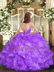 Lilac Lace Up Pageant Gowns For Girls Beading and Ruffles Sleeveless Floor Length