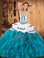 Teal Satin and Organza Lace Up Strapless Sleeveless Floor Length 15 Quinceanera Dress Embroidery and Ruffles