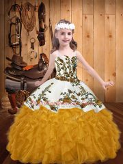 Latest Embroidery and Ruffles Kids Formal Wear Gold Lace Up Sleeveless Floor Length