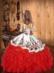Latest Embroidery and Ruffles Kids Formal Wear Gold Lace Up Sleeveless Floor Length