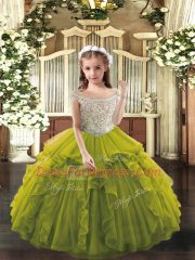 Organza Off The Shoulder Sleeveless Lace Up Beading and Ruffles Evening Gowns in Olive Green