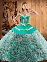 Edgy Sleeveless Embroidery Lace Up Quinceanera Gown with Multi-color Brush Train