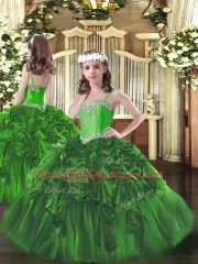 Dramatic Floor Length Dark Green Pageant Dress Wholesale Organza Sleeveless Beading and Ruffles