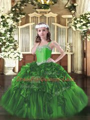 Dramatic Floor Length Dark Green Pageant Dress Wholesale Organza Sleeveless Beading and Ruffles