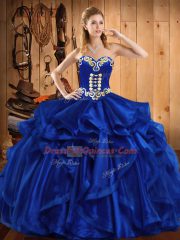 Royal Blue Organza Lace Up 15th Birthday Dress Sleeveless Floor Length Embroidery and Ruffles