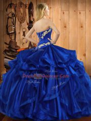 Royal Blue Organza Lace Up 15th Birthday Dress Sleeveless Floor Length Embroidery and Ruffles