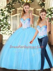 Affordable Floor Length Baby Blue Sweet 16 Dress Tulle Sleeveless Beading