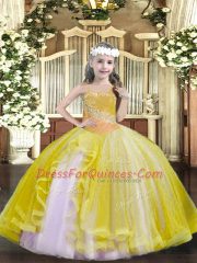 Beading Pageant Dress for Teens Light Yellow Lace Up Sleeveless Floor Length